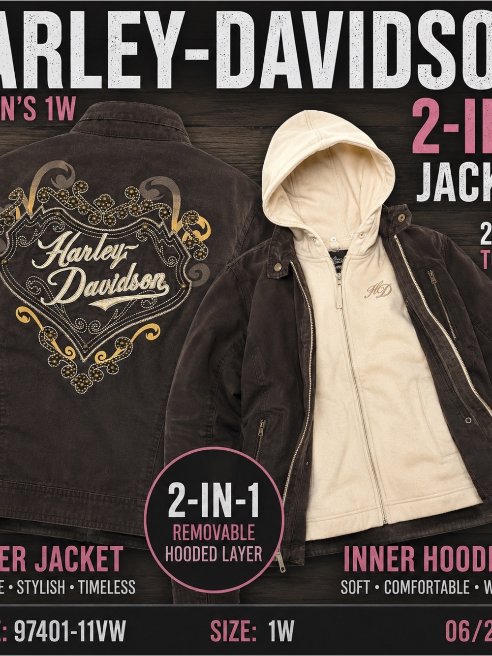 Harley-Davidson Brown Outer Jacket with Cream Removable Hooded Liner